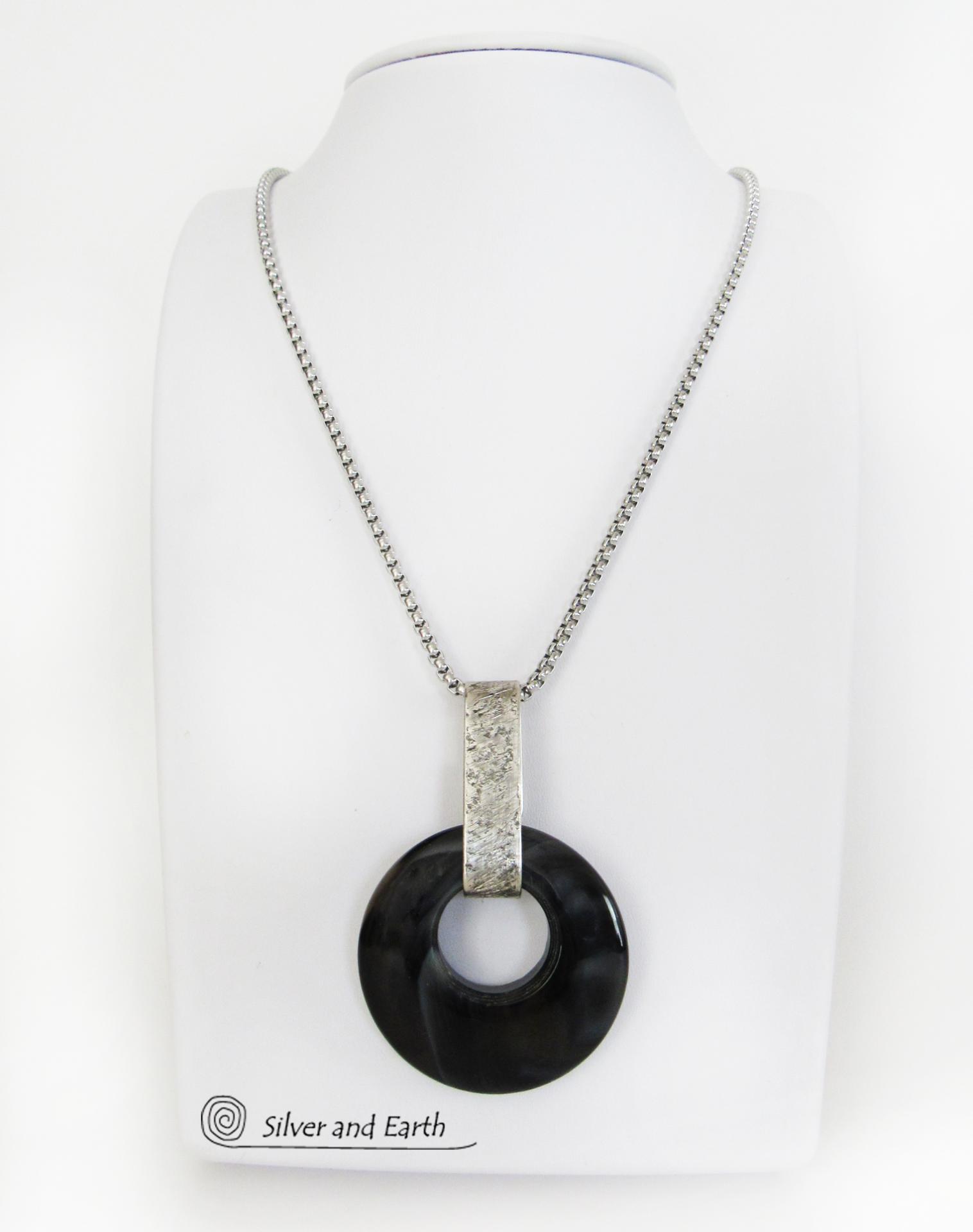 Modern Sterling Silver Necklace with Round Black Onyx Gemstone - Handmade Artisan Sterling Jewelry