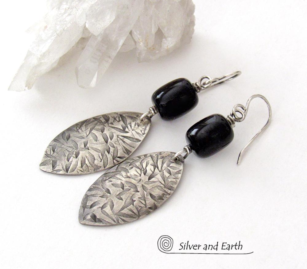 Sterling Silver Dangle Earrings with Black Onyx Gemstones - Handcrafted Modern Silver Jewelry