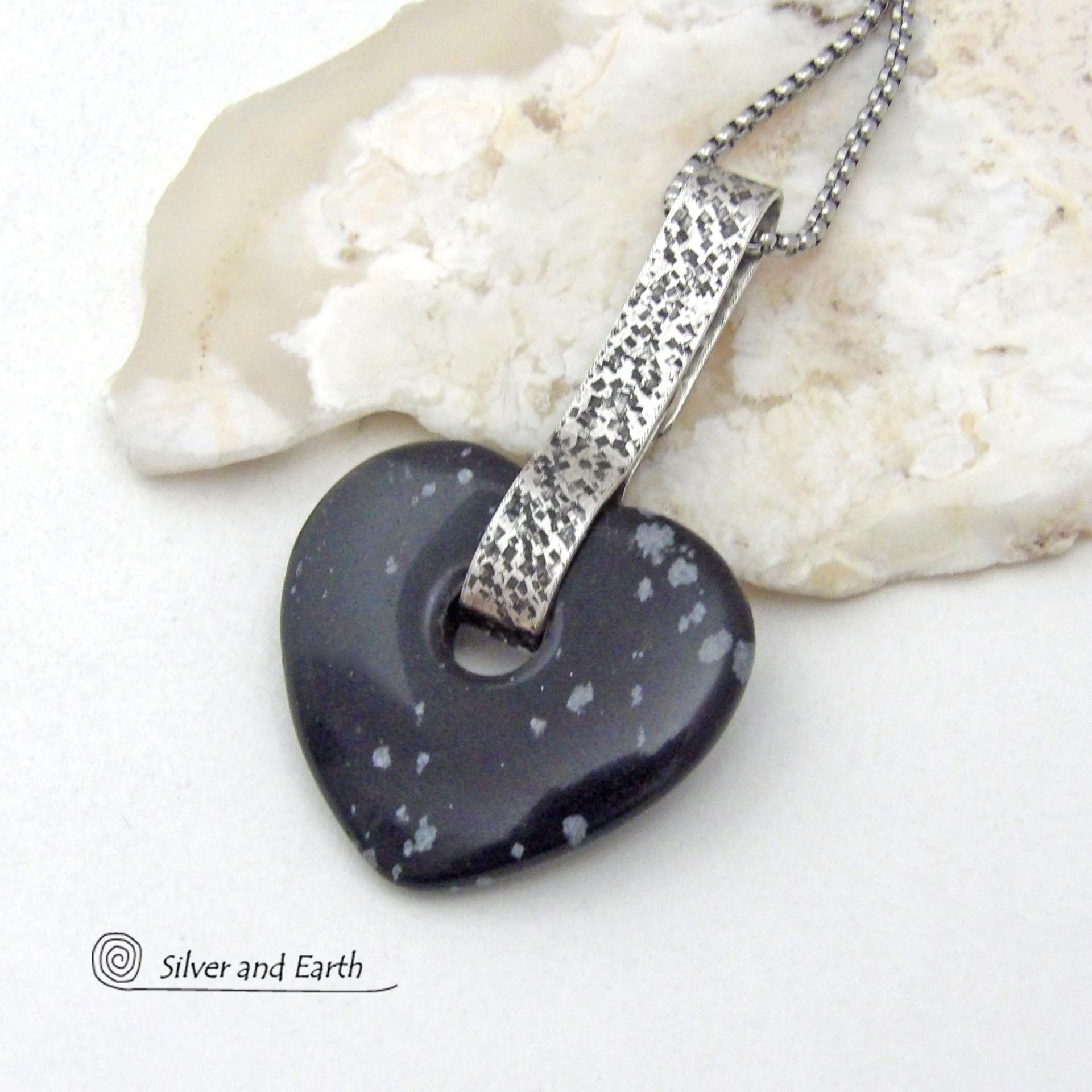 Heart Shaped Snowflake Obsidian Gemstone Sterling Silver Necklace - Anniversary / Valentine Jewelry Gifts for Women