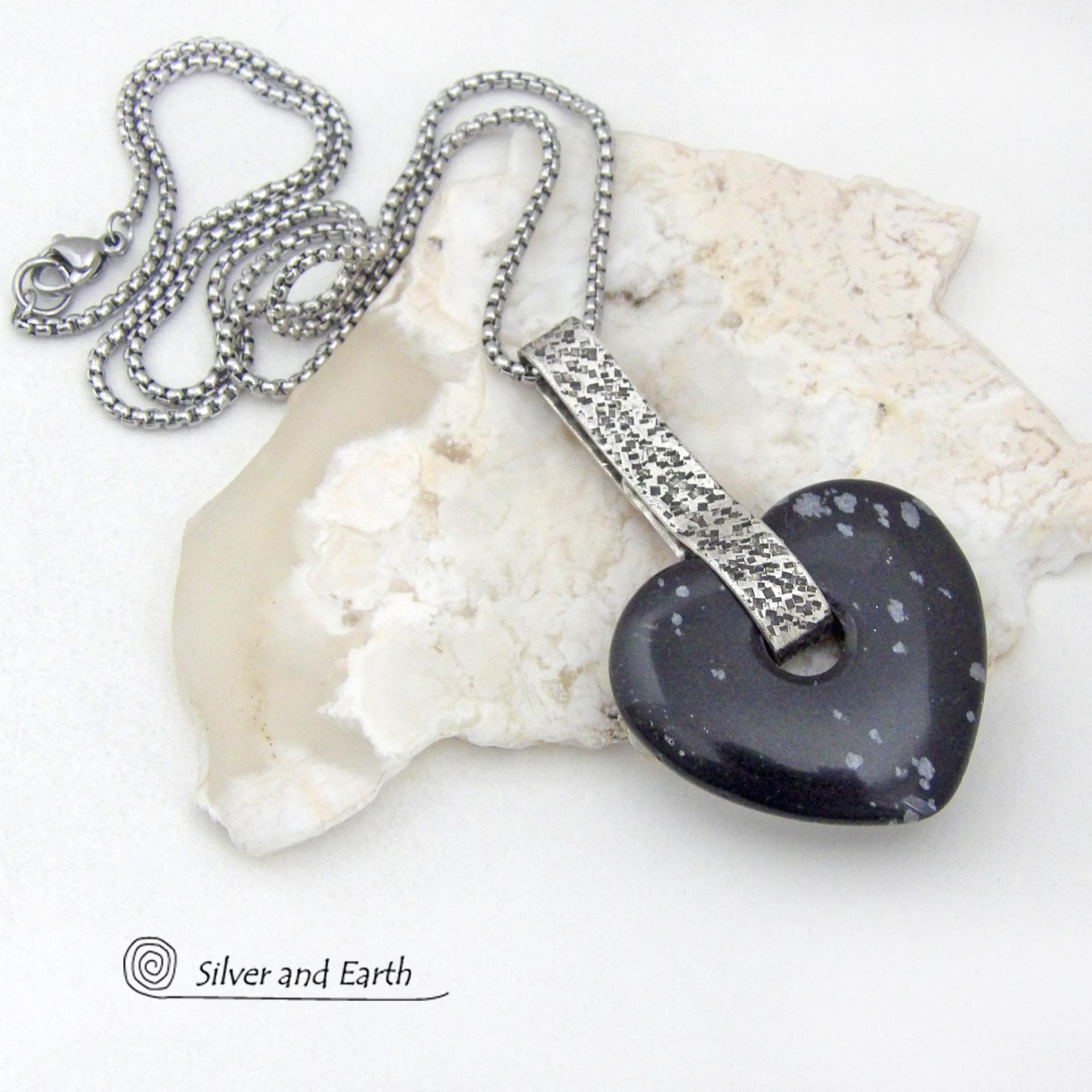 Heart Shaped Snowflake Obsidian Gemstone Sterling Silver Necklace - Anniversary / Valentine Jewelry Gifts for Women