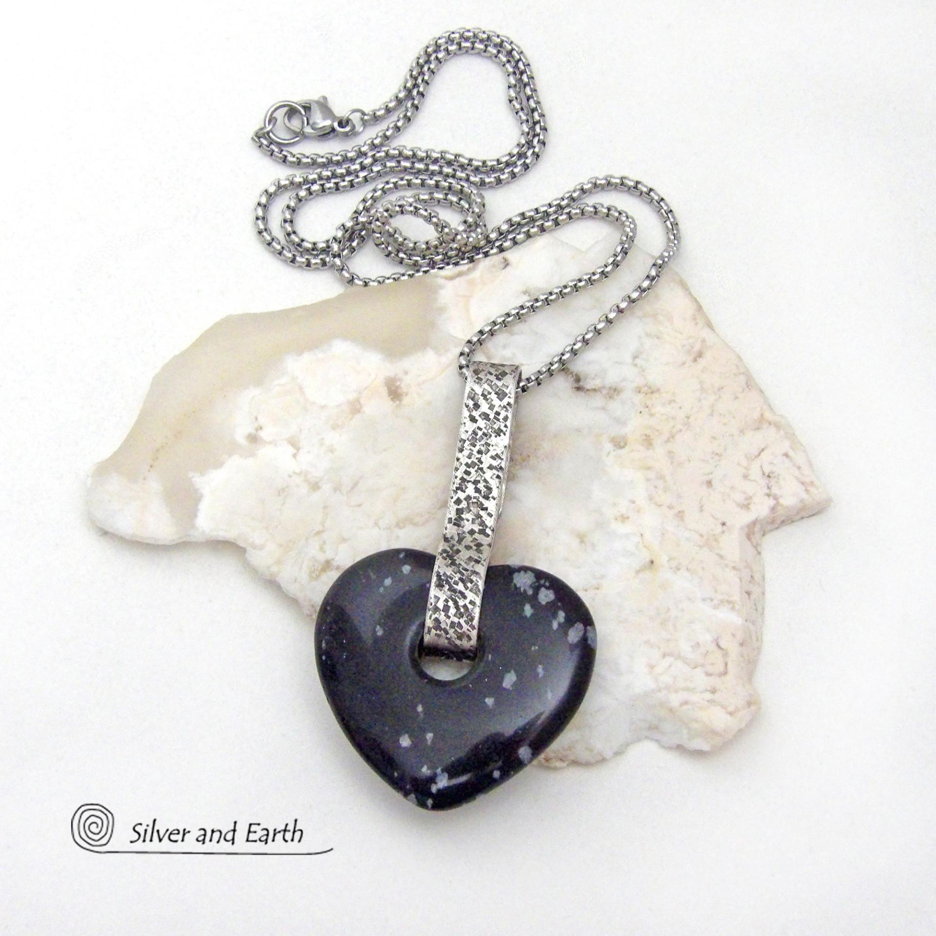 Heart Shaped Snowflake Obsidian Gemstone Sterling Silver Necklace - Anniversary / Valentine Jewelry Gifts for Women