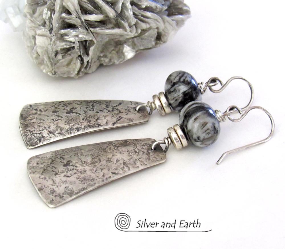 Sterling Silver Earrings with Black Web Jasper Stones - Earthy Contemporary Modern Jewelry