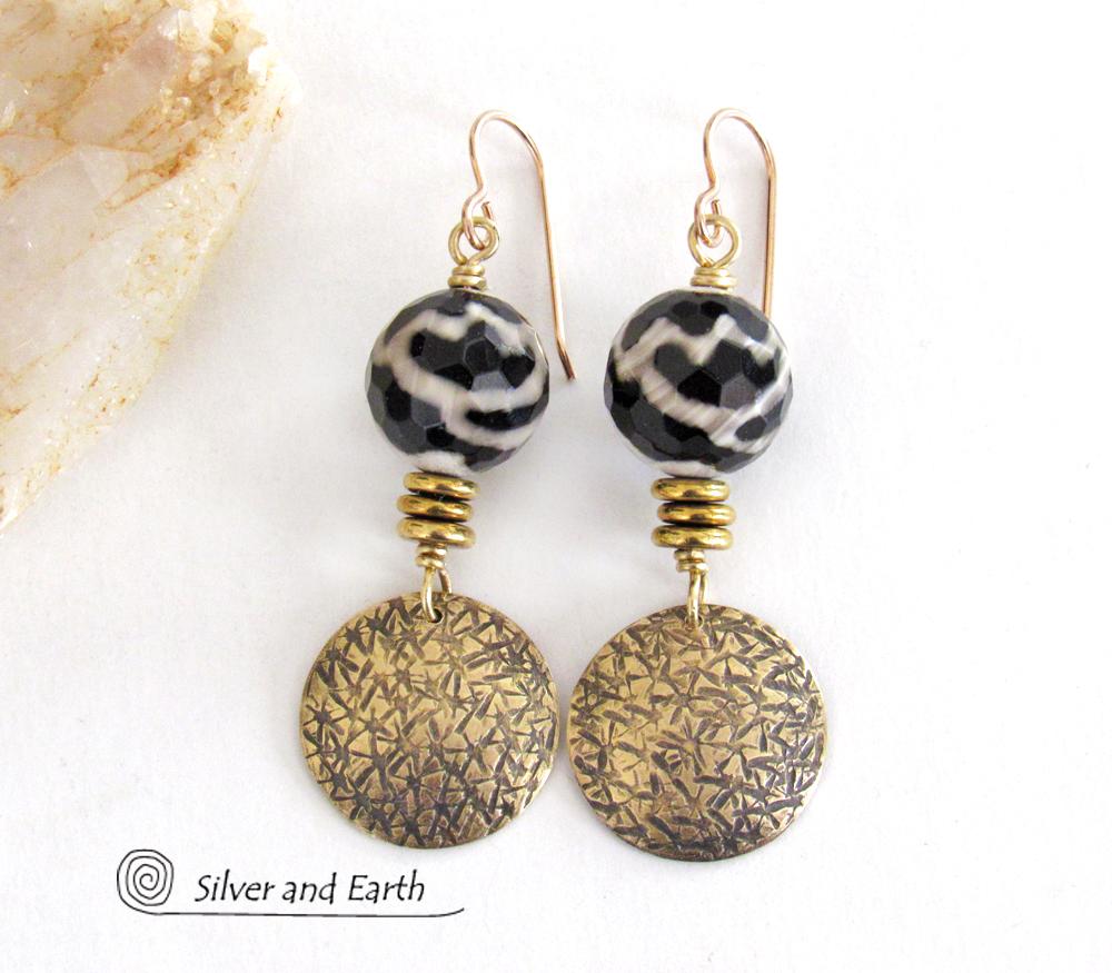 Faceted Black & White Tibetan Agate Earrings with Textured Gold Brass Dangles - Unique Modern Boho Chic Jewelry