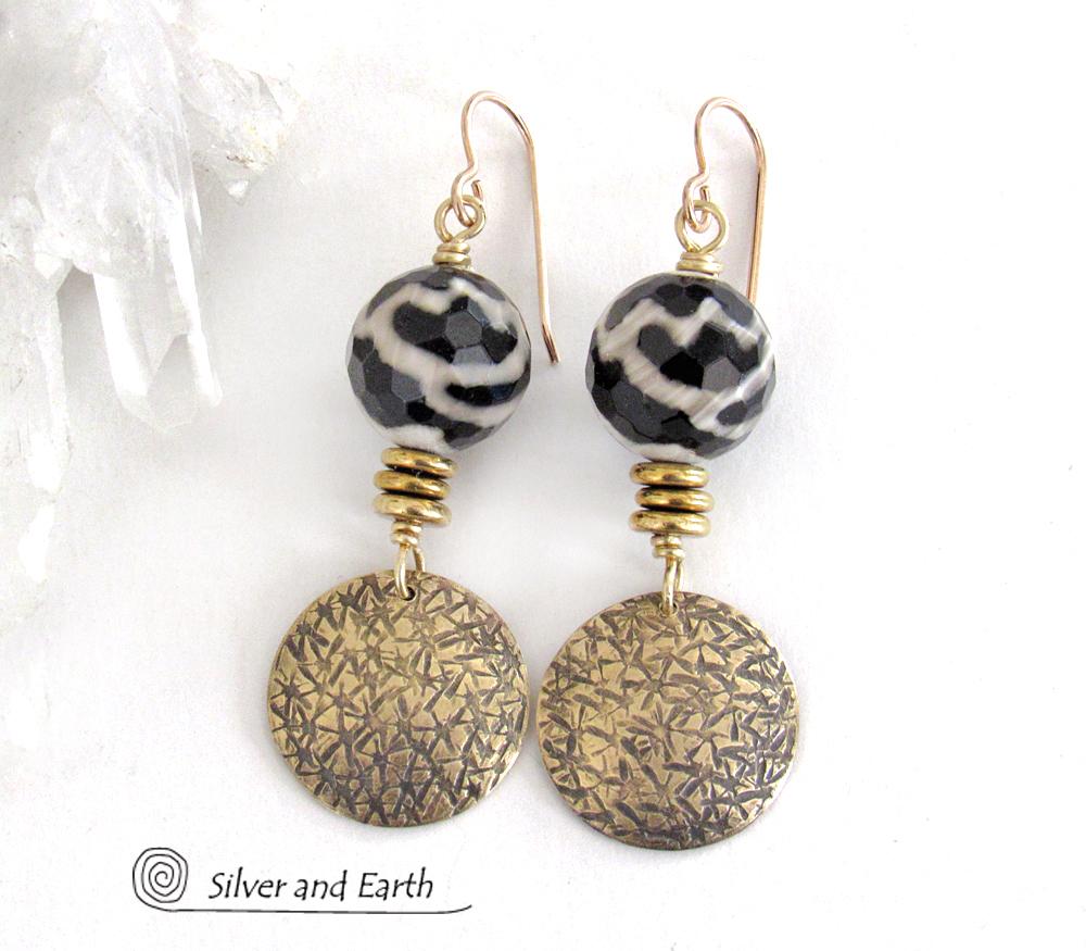 Faceted Black & White Tibetan Agate Earrings with Textured Gold Brass Dangles - Unique Modern Boho Chic Jewelry