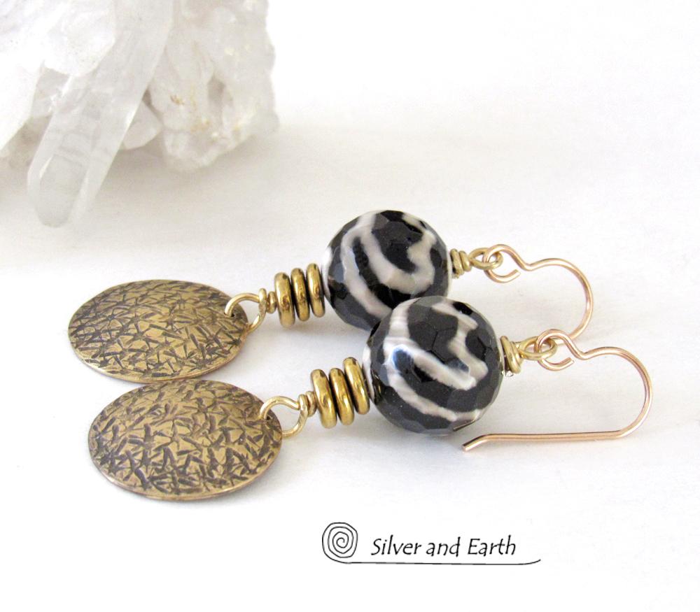 Faceted Black & White Tibetan Agate Earrings with Textured Gold Brass Dangles - Unique Modern Boho Chic Jewelry