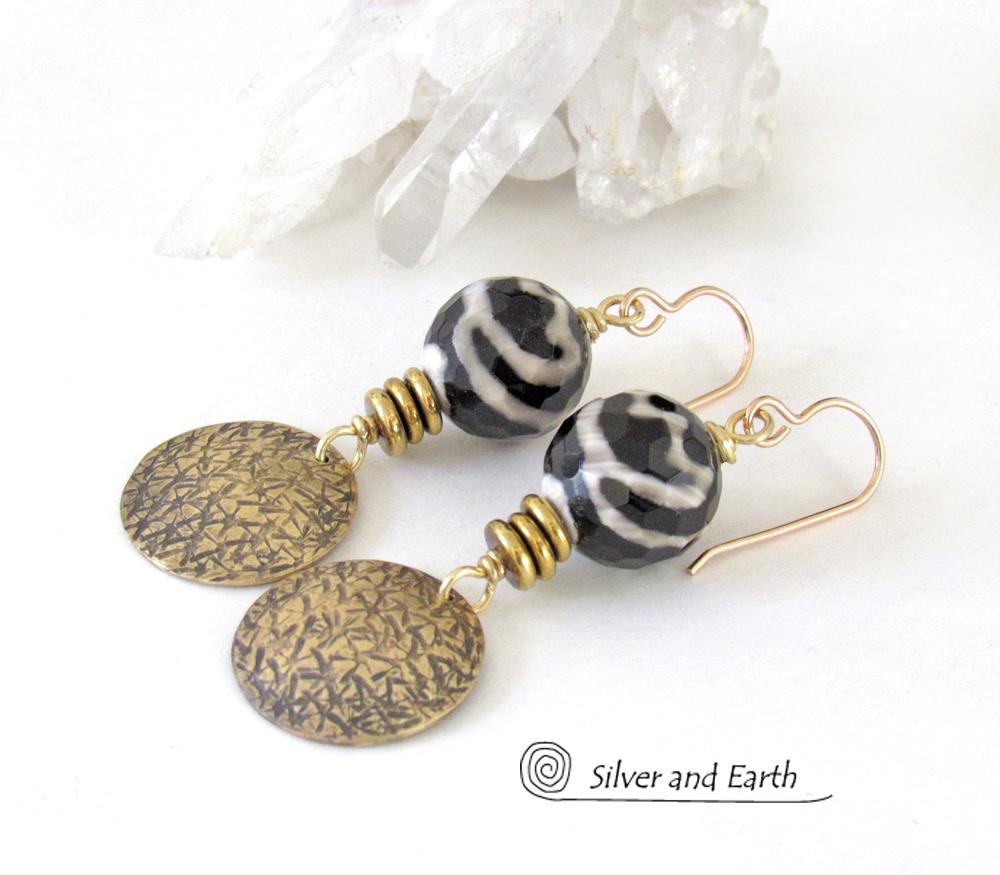 Faceted Black & White Tibetan Agate Earrings with Textured Gold Brass Dangles - Unique Modern Boho Chic Jewelry