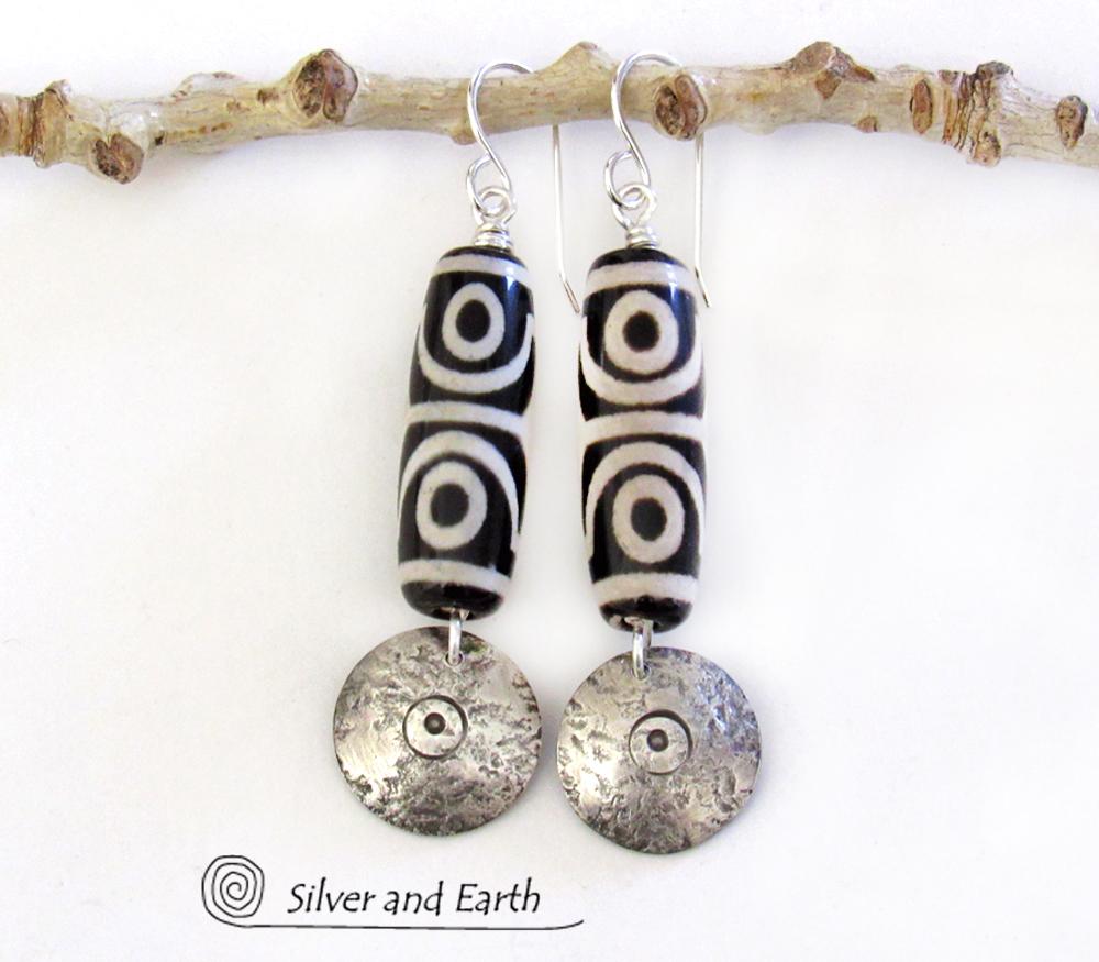 Tibetan Dzi Agate Sterling Silver Dangle Earrings with Bold Ethnic Tribal White Black Pattern 