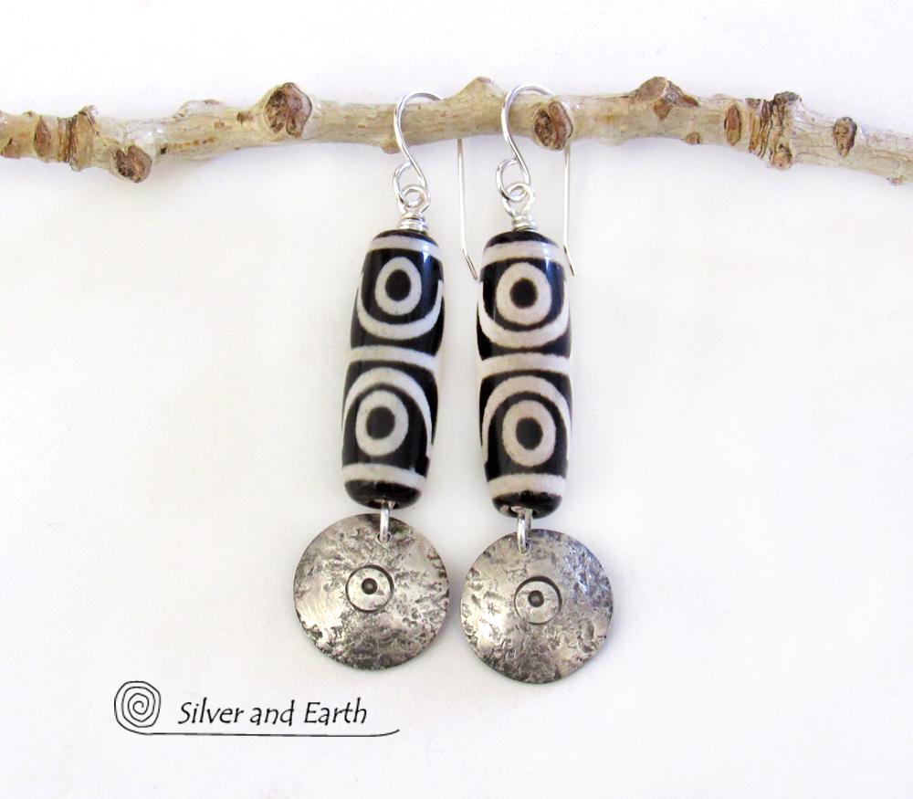 Tibetan Dzi Agate Sterling Silver Dangle Earrings with Bold Ethnic Tribal White Black Pattern
