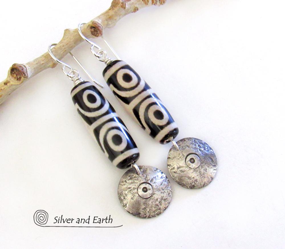 Tibetan Dzi Agate Sterling Silver Dangle Earrings with Bold Ethnic Tribal White Black Pattern