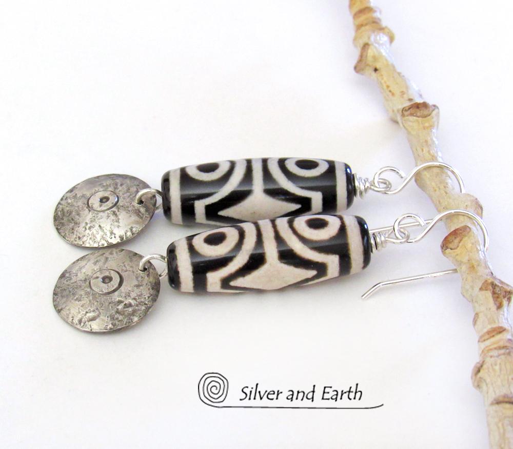 Tibetan Dzi Agate Sterling Silver Dangle Earrings with Bold Ethnic Tribal White Black Pattern