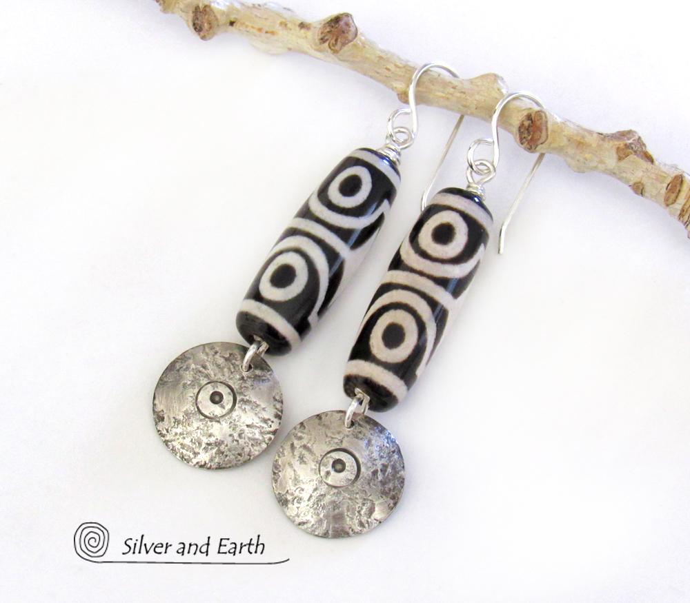 Tibetan Dzi Agate Sterling Silver Dangle Earrings with Bold Ethnic Tribal White Black Pattern 