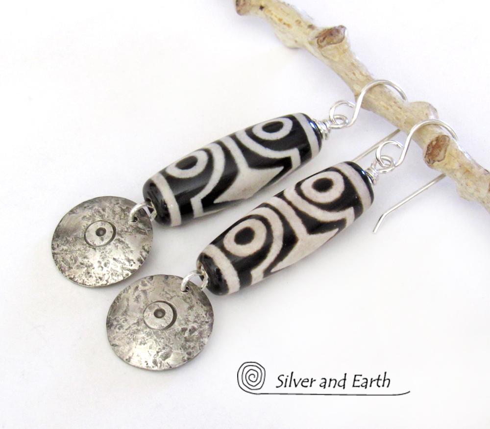 Tibetan Dzi Agate Sterling Silver Dangle Earrings with Bold Ethnic Tribal White Black Pattern 