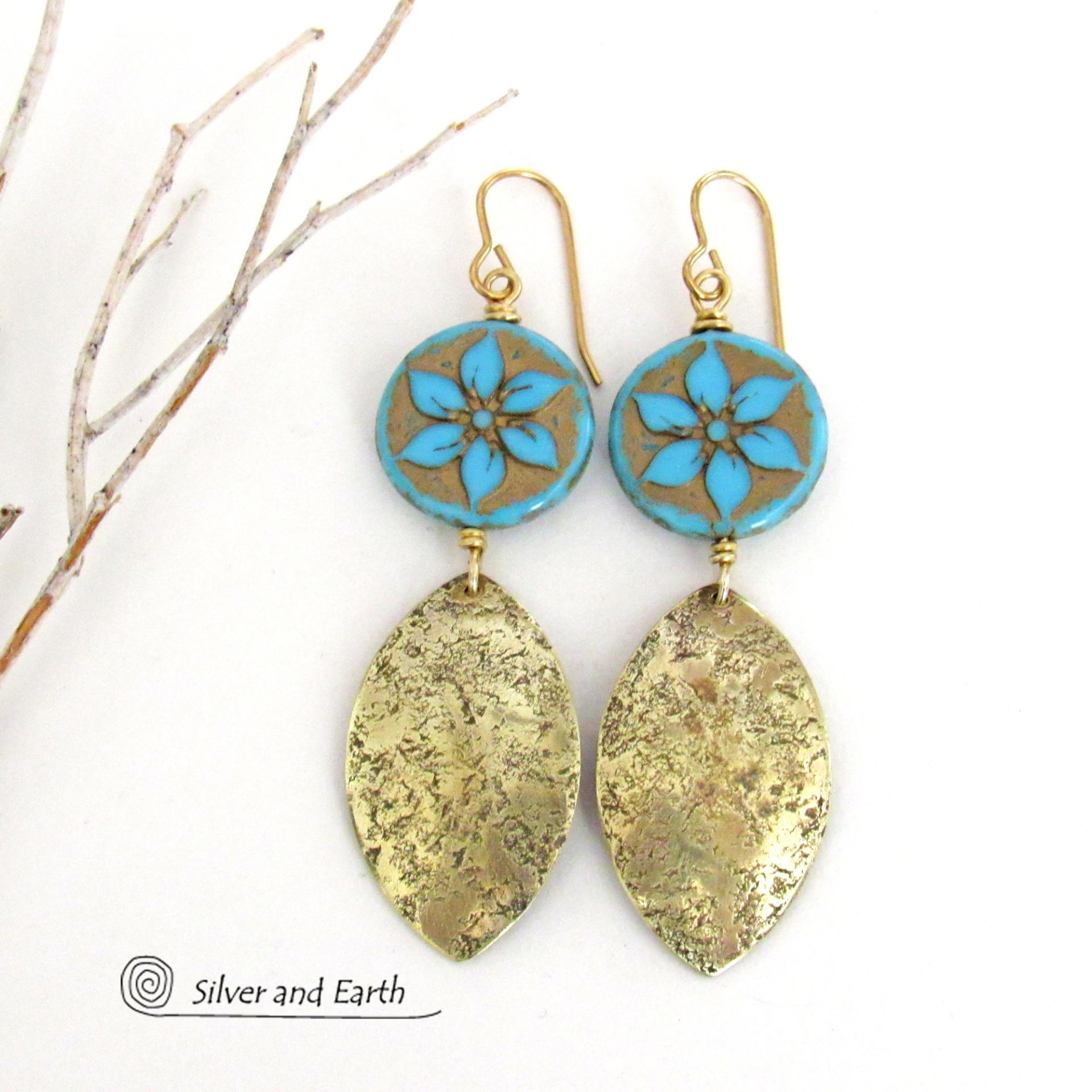 Blue Flower Glass Earrings with Gold Brass Leaf Shaped Dangles - Unique Nature Jewelry Gifts for Women