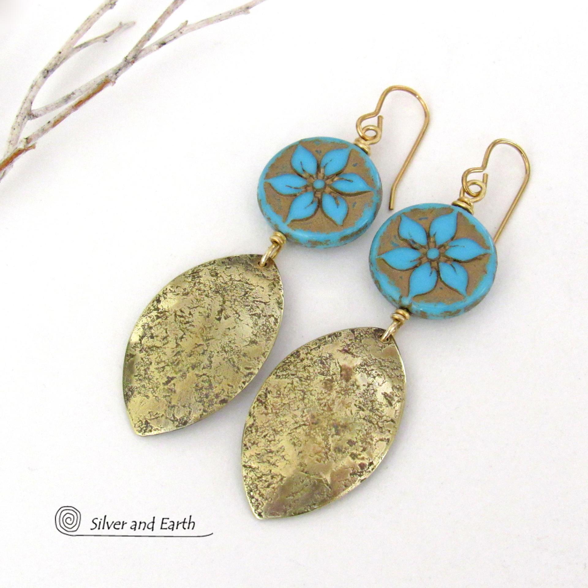 Blue Flower Glass Earrings with Gold Brass Leaf Shaped Dangles - Unique Nature Jewelry Gifts for Women