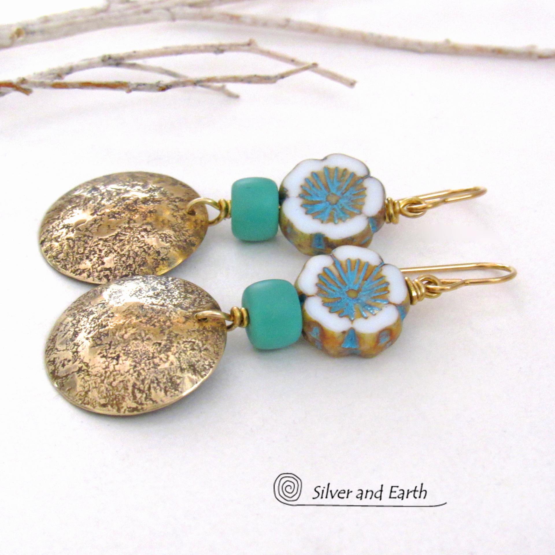 Gold Brass Earrings with Flower Beads and Turquoise Color Glass Beads - Unique Nature Jewelry Gifts for Women