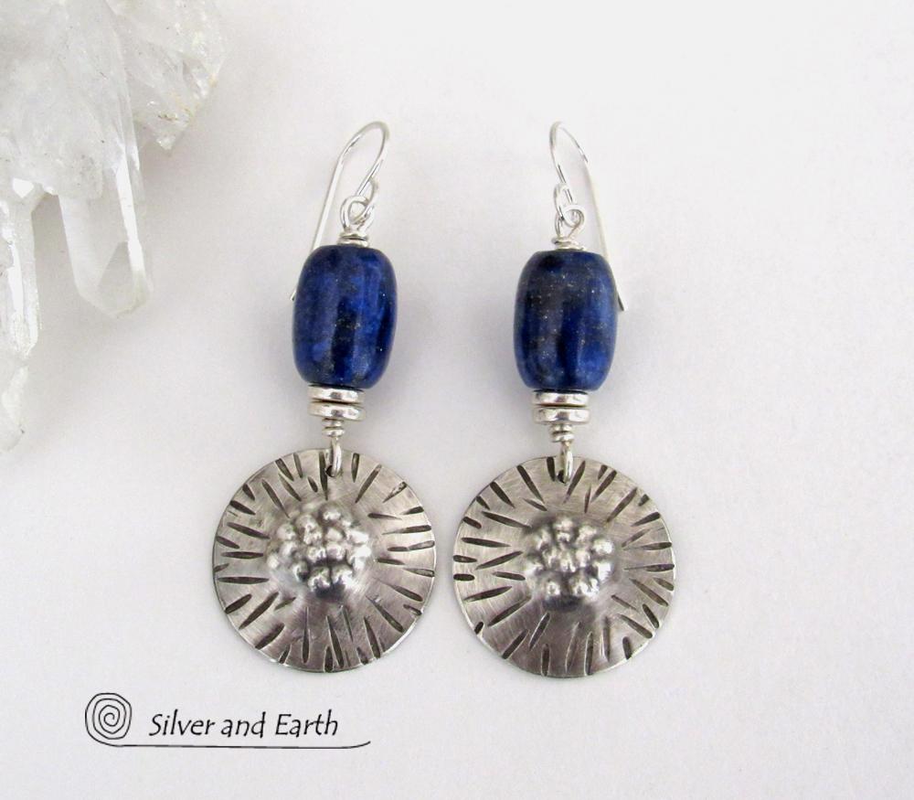 Textured Sterling Silver Earrings with Blue Lapis Lazuli Stones - Unique Handcrafted Jewelry