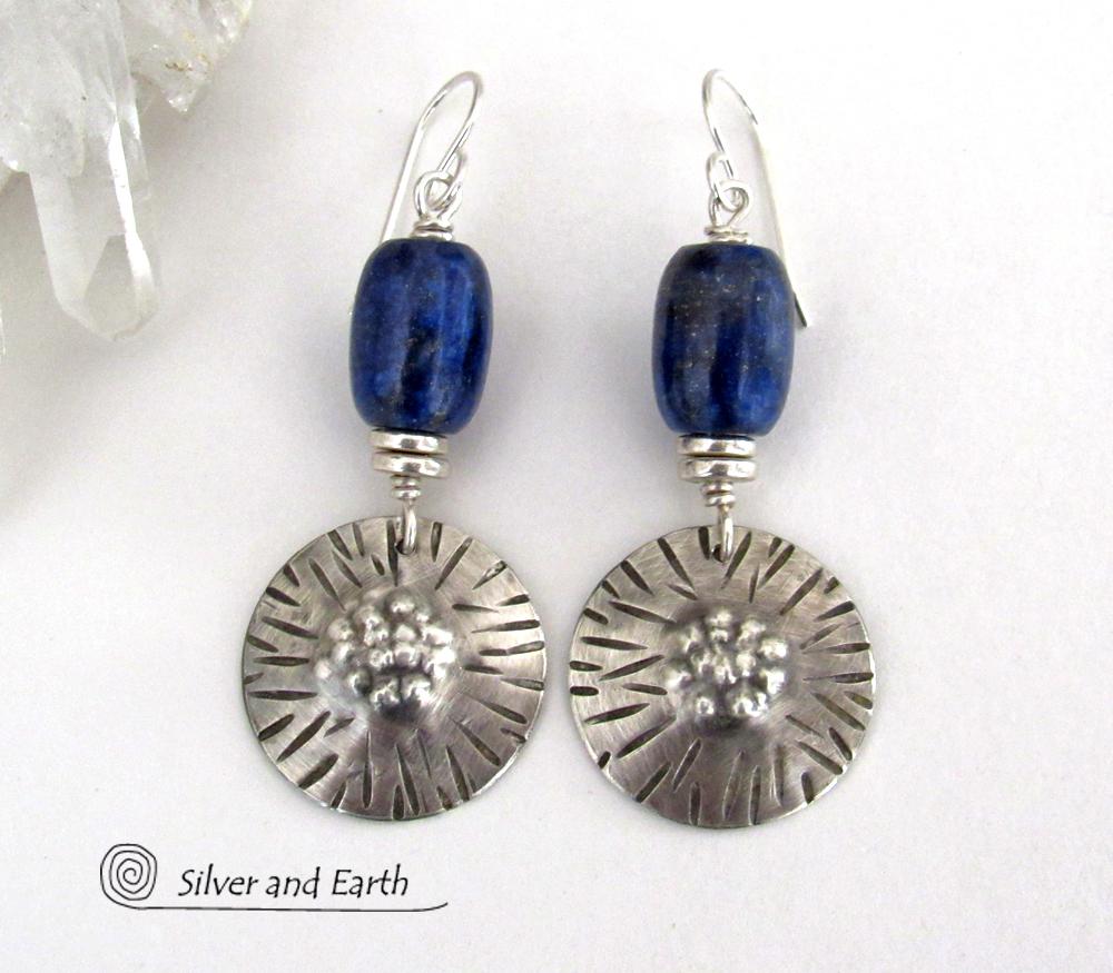 Textured Sterling Silver Earrings with Blue Lapis Lazuli Stones - Unique Handcrafted Jewelry