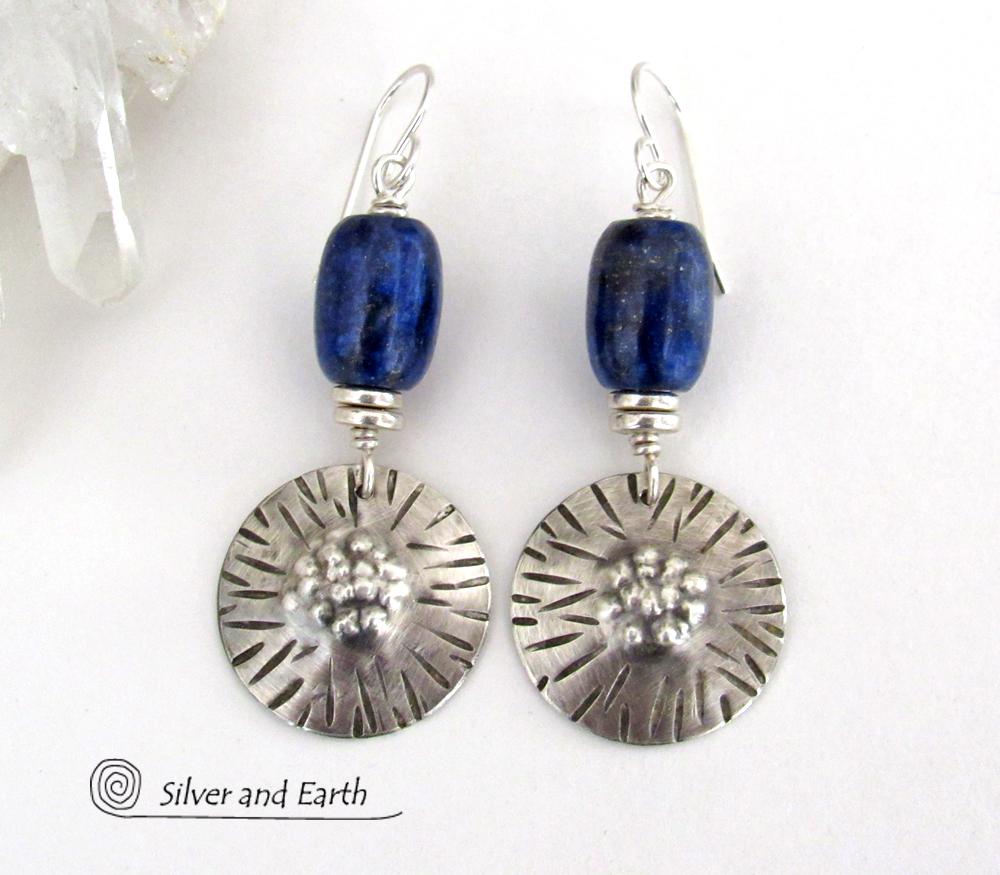 Textured Sterling Silver Earrings with Blue Lapis Lazuli Stones - Unique Handcrafted Jewelry