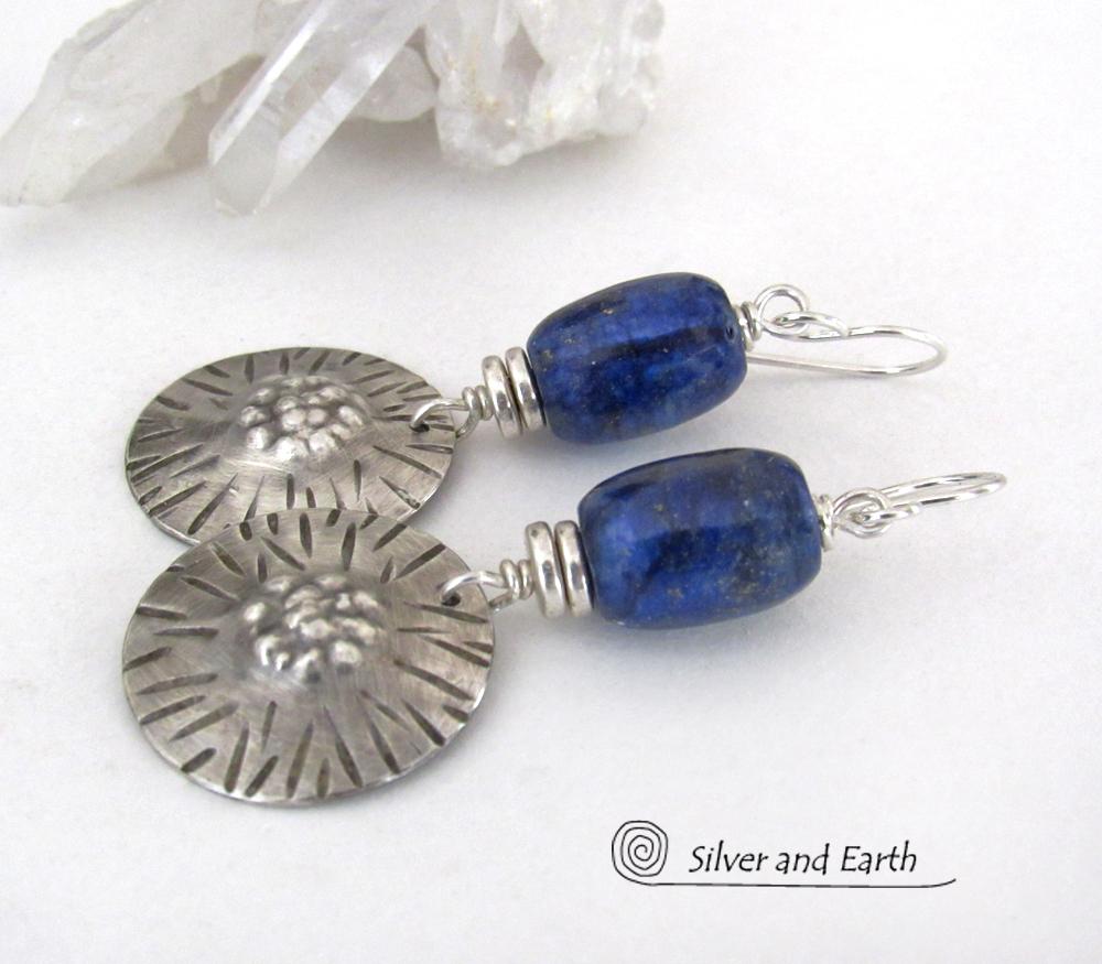 Textured Sterling Silver Earrings with Blue Lapis Lazuli Stones - Unique Handcrafted Jewelry