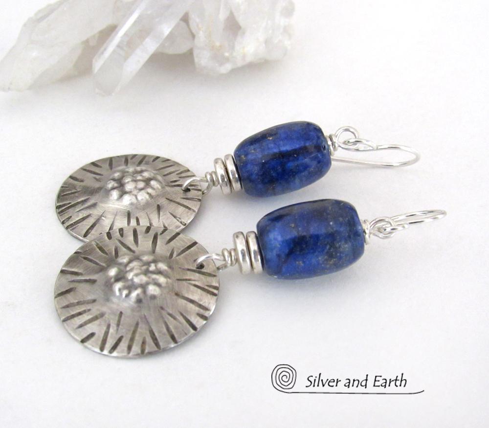 Textured Sterling Silver Earrings with Blue Lapis Lazuli Stones - Unique Handcrafted Jewelry