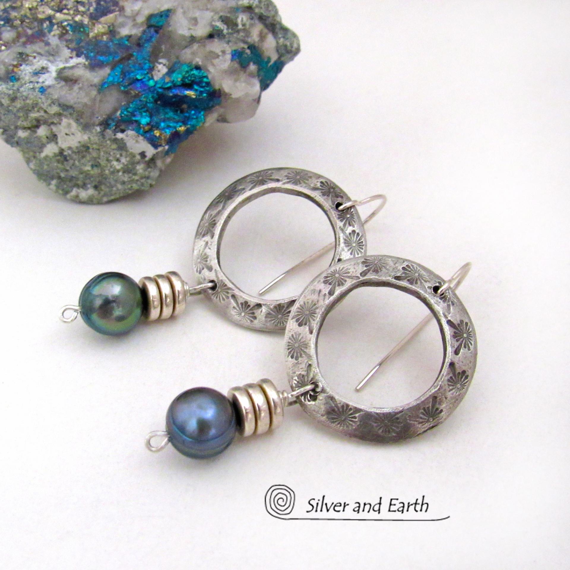 Silver Pewter Circle Hoop Earrings with Blue Pearl Dangles - Modern Elegant Chic Freshwater Pearl Jewelry