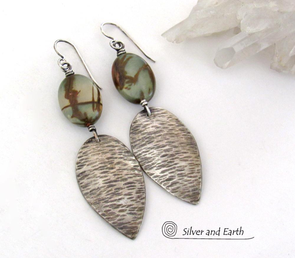 Handcrafted Long Sterling Silver Dangle Earrings with Natural Picasso Jasper Stones