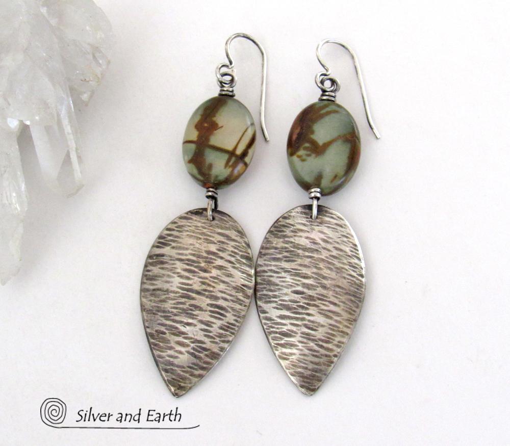 Handcrafted Long Sterling Silver Dangle Earrings with Natural Picasso Jasper Stones