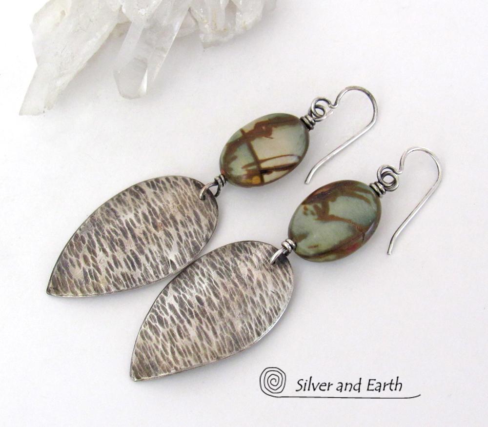 Handcrafted Long Sterling Silver Dangle Earrings with Natural Picasso Jasper Stones