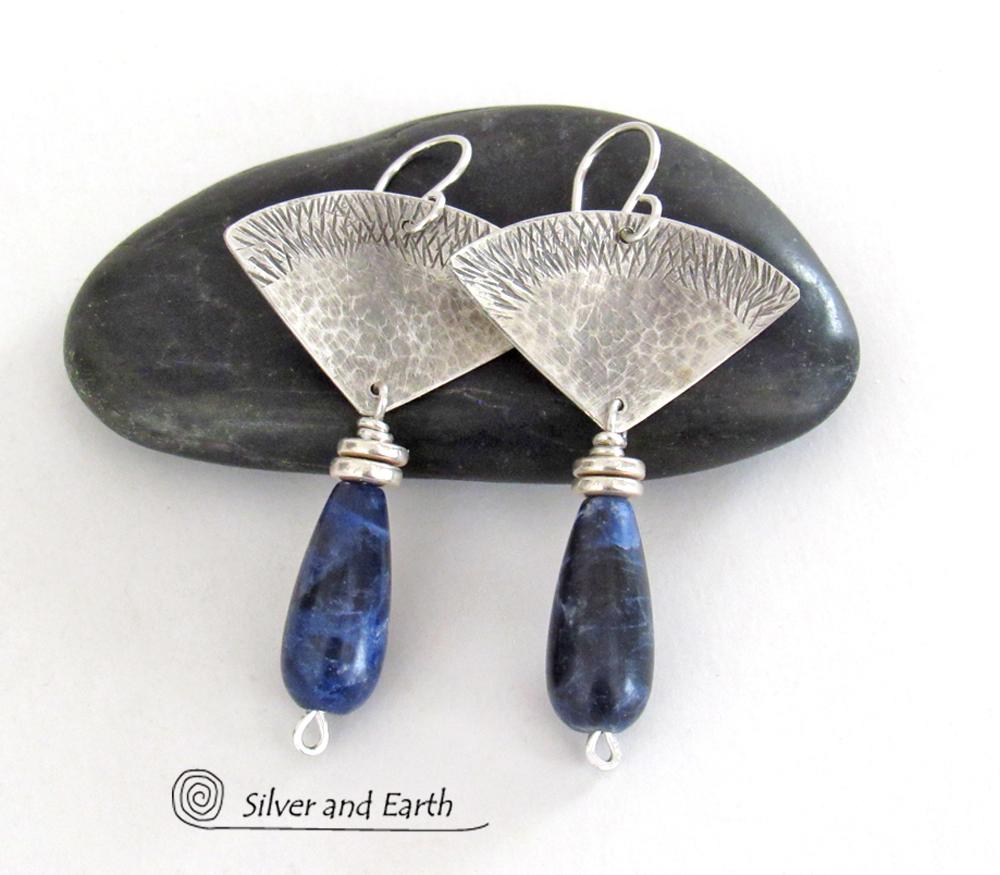 Textured Sterling Silver Earrings with Blue Sodalite Gemstones - Handcrafted Artisan Silversmith Jewelry