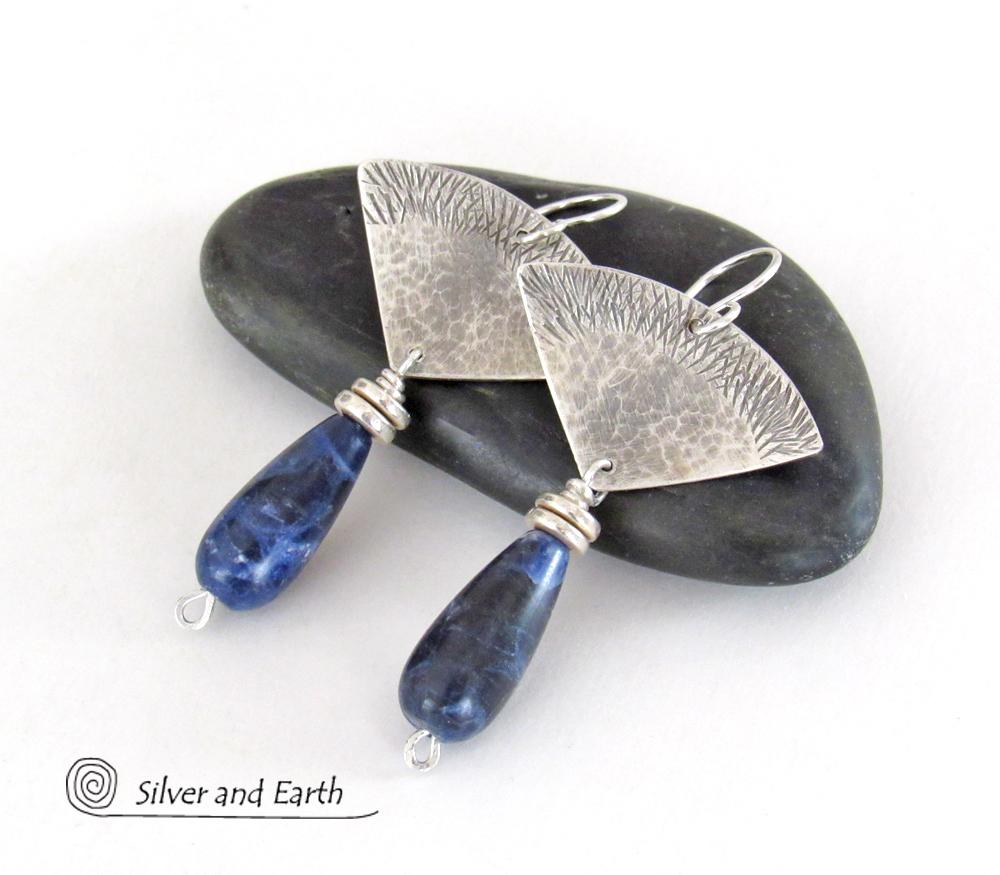 Textured Sterling Silver Earrings with Blue Sodalite Gemstones - Handcrafted Artisan Silversmith Jewelry