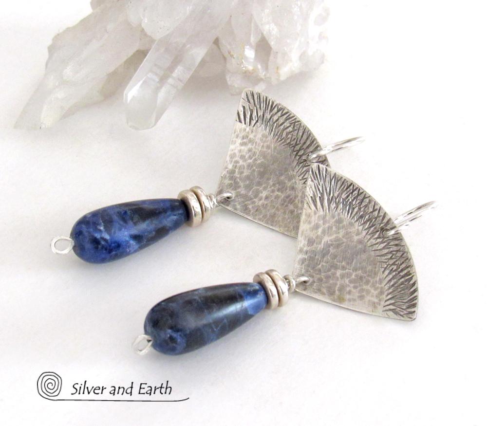 Textured Sterling Silver Earrings with Blue Sodalite Gemstones - Handcrafted Artisan Silversmith Jewelry