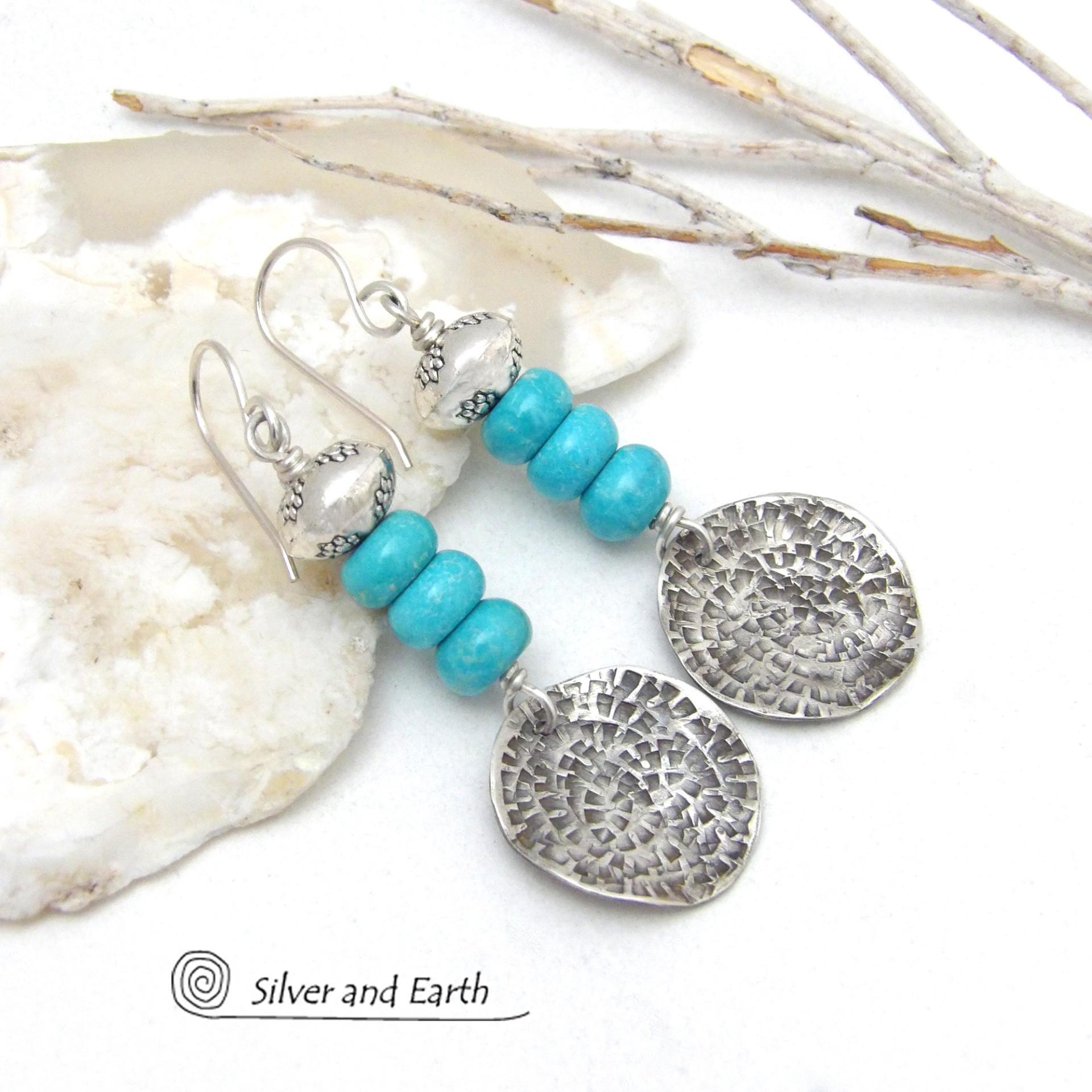 Sterling Silver Dangle Earrings with Blue Turquoise Stones - Modern Chic Southwest Jewelry