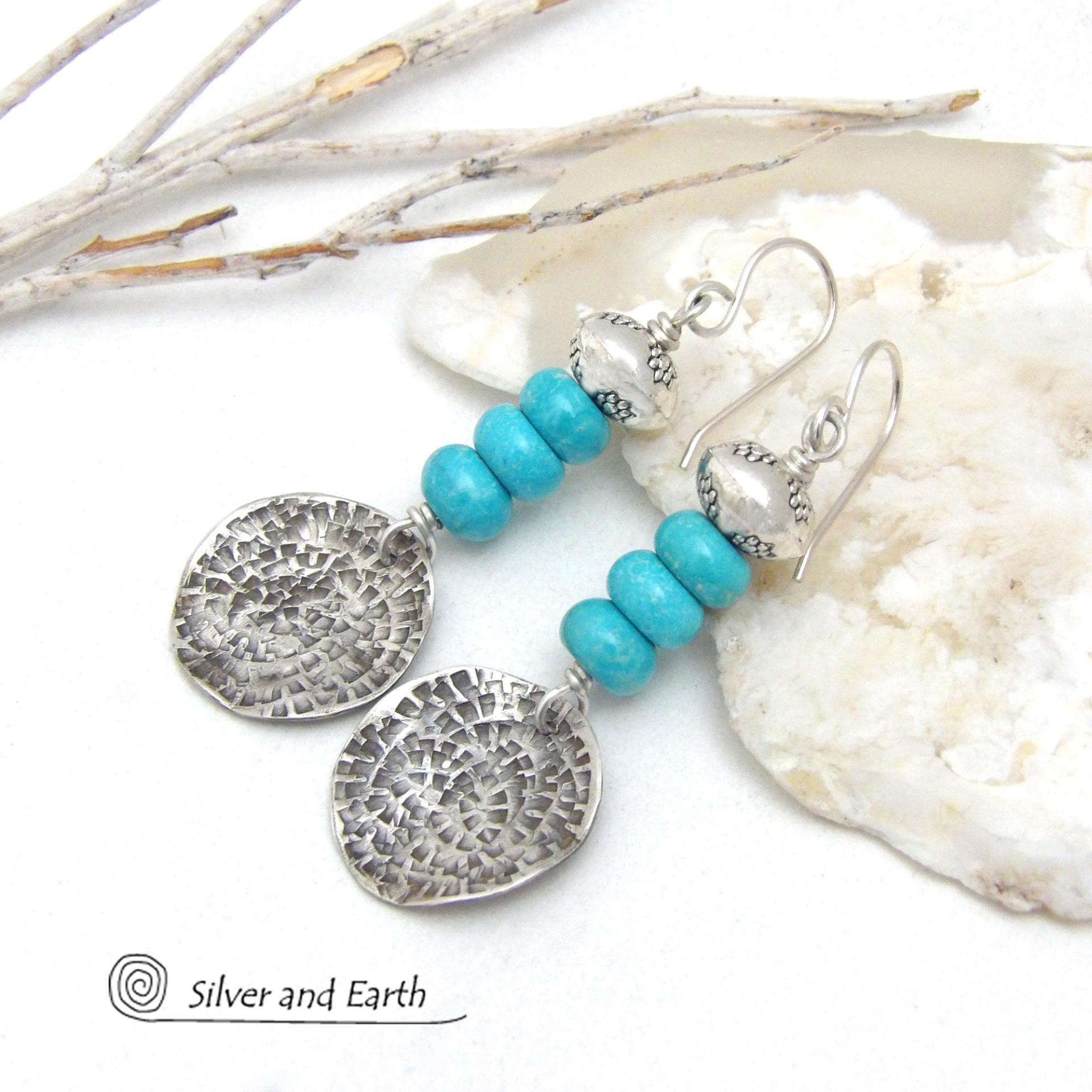 These handcrafted earrings feature textured sterling silver dangles accented with a stack of blue turquoise stones topped off with silver pewter beads. They have a modern chic style with a touch of southwestern flair and are perfect for anyone that loves the southwest style.  