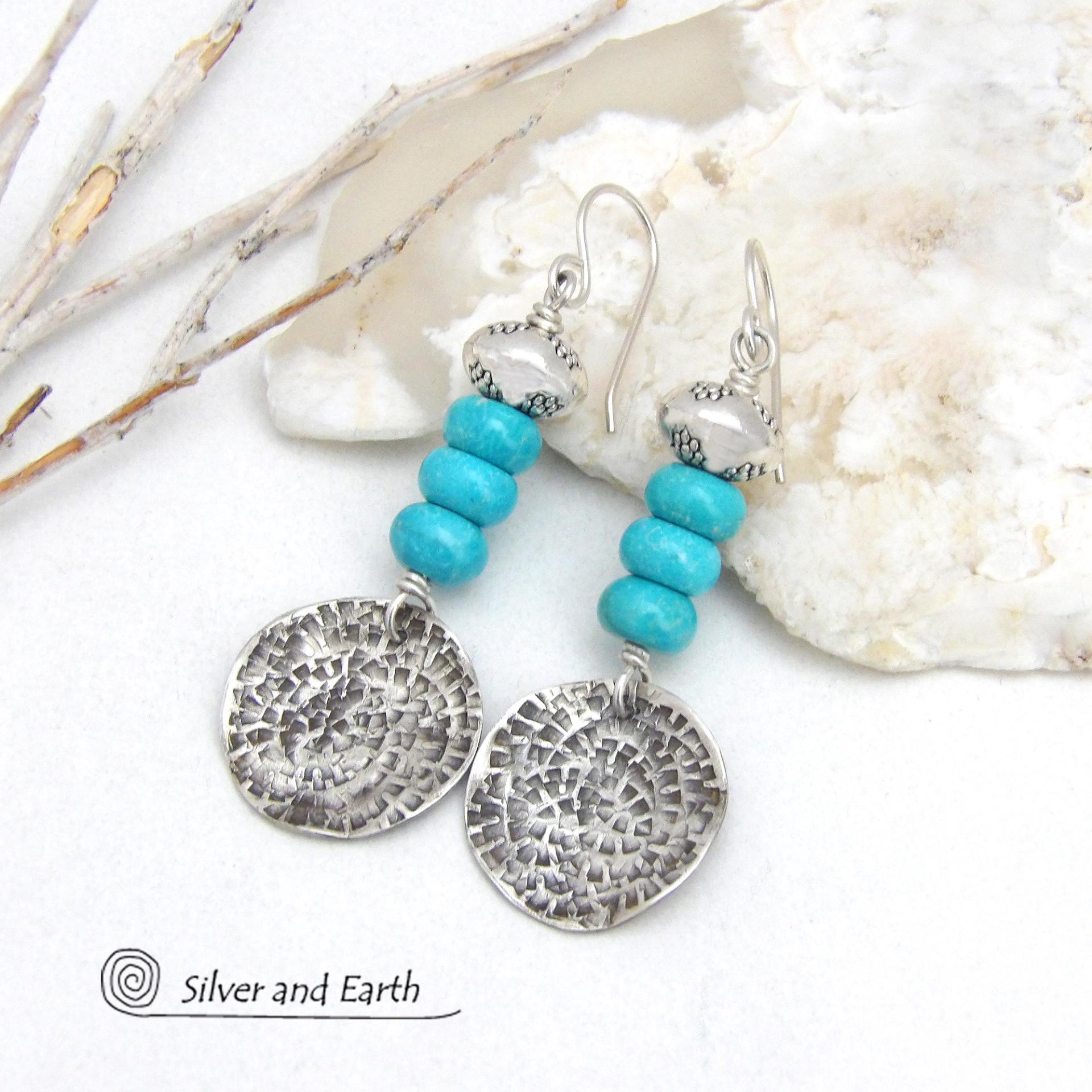 Sterling Silver Dangle Earrings with Blue Turquoise Stones - Modern Chic Southwest Jewelry
