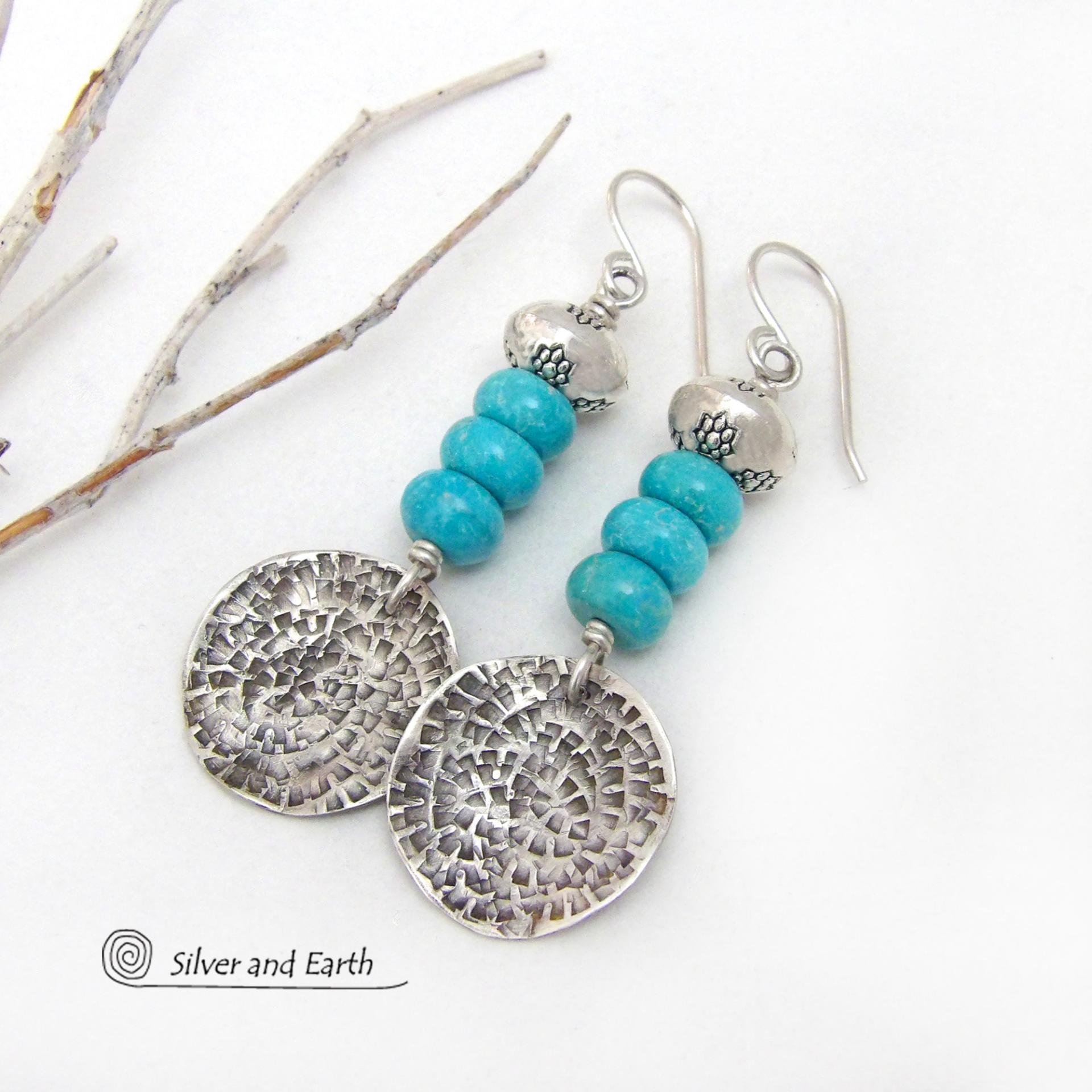 These handcrafted earrings feature textured sterling silver dangles accented with a stack of blue turquoise stones topped off with silver pewter beads. They have a modern chic style with a touch of southwestern flair and are perfect for anyone that loves the southwest style.  