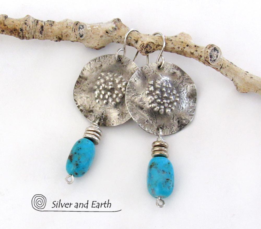 Sterling Silver Earrings with Blue American Turquoise Stones - Rustic Organic Modern Southwest Style Jewelry