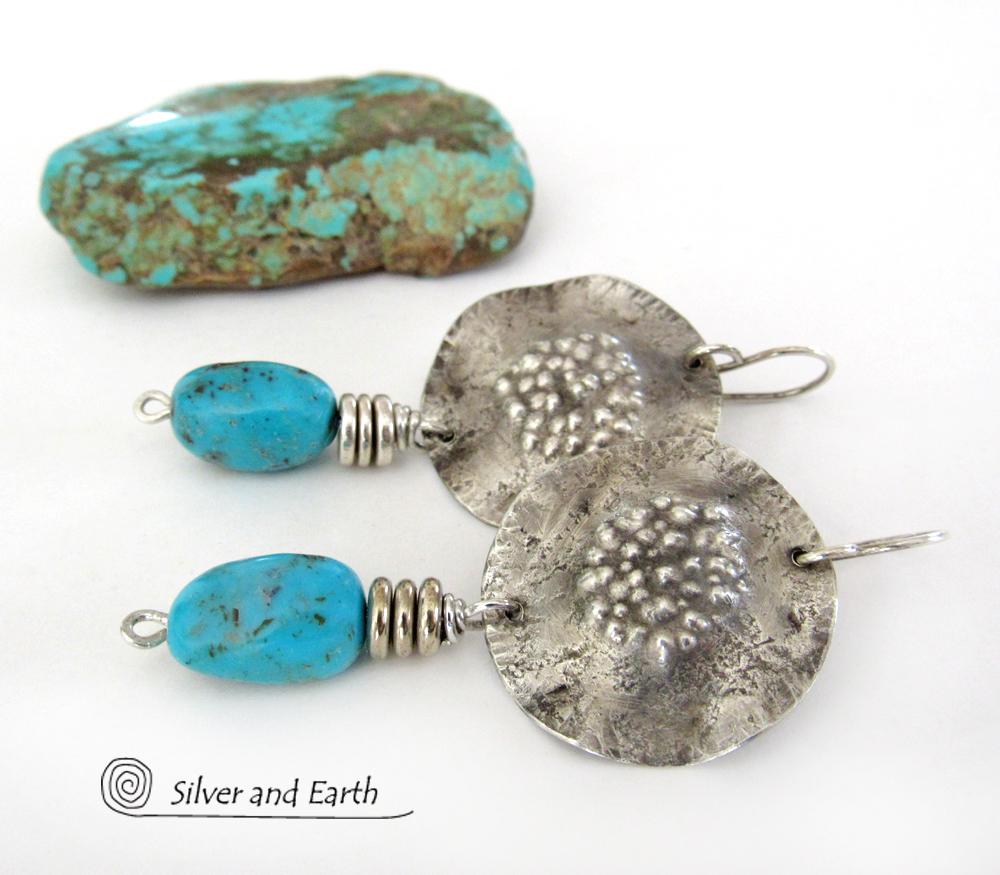 Sterling Silver Earrings with Blue American Turquoise Stones - Rustic Organic Modern Southwest Style Jewelry