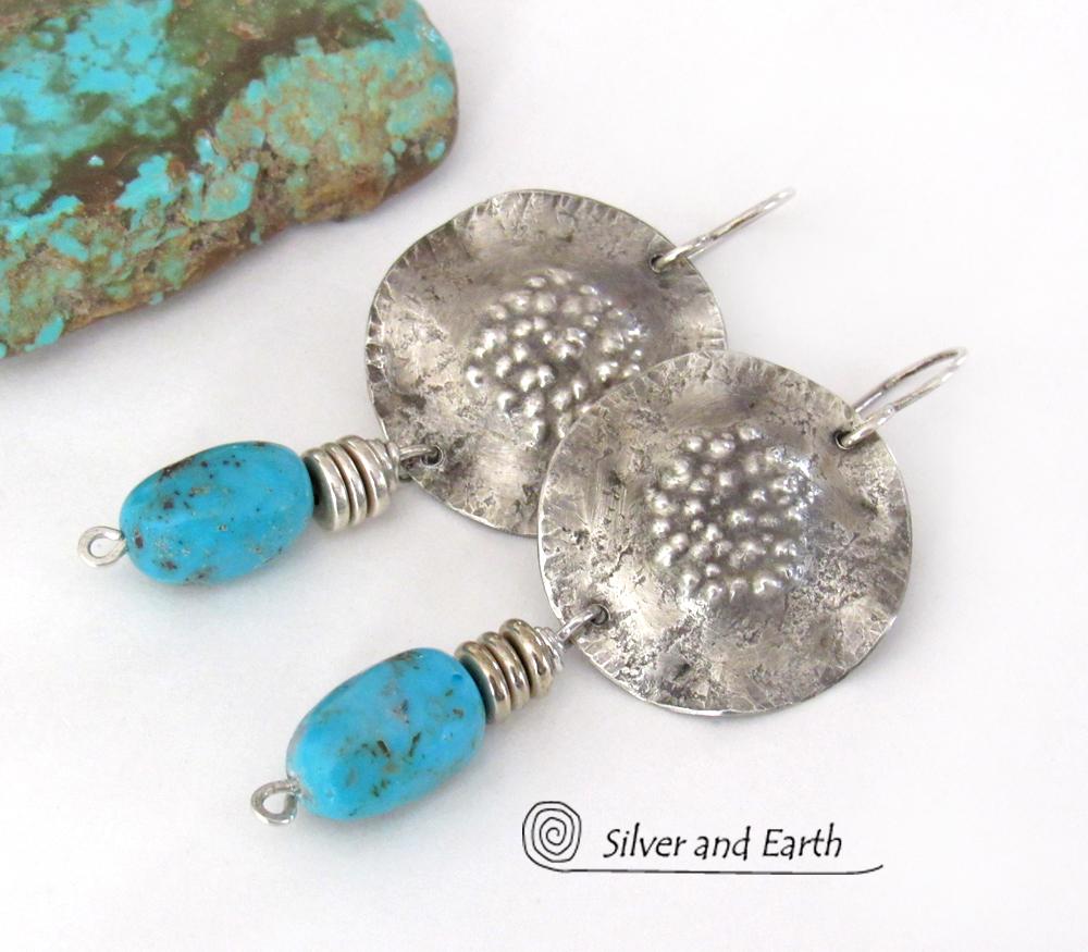 Sterling Silver Earrings with Blue American Turquoise Stones - Rustic Organic Modern Southwest Style Jewelry