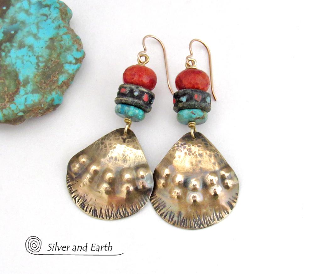 Brass Tribal Earrings with African Beads, Turquoise & Red Coral - Unique Handmade Boho Ethnic Style Jewelry