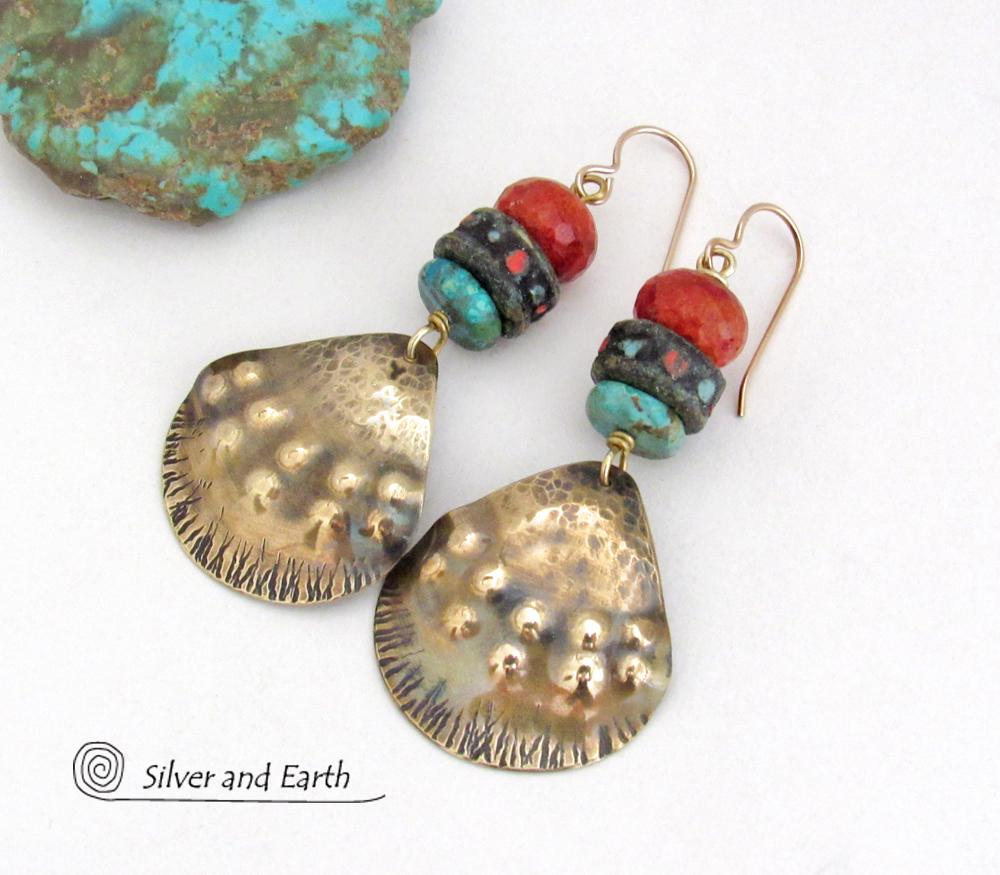 Brass Tribal Earrings with African Beads, Turquoise & Red Coral - Unique Handmade Boho Ethnic Style Jewelry