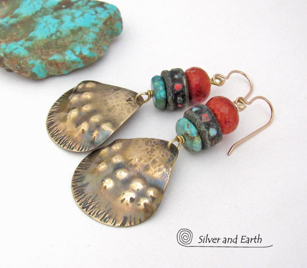 Brass Tribal Earrings with African Beads, Turquoise & Red Coral - Unique Handmade Boho Ethnic Style Jewelry