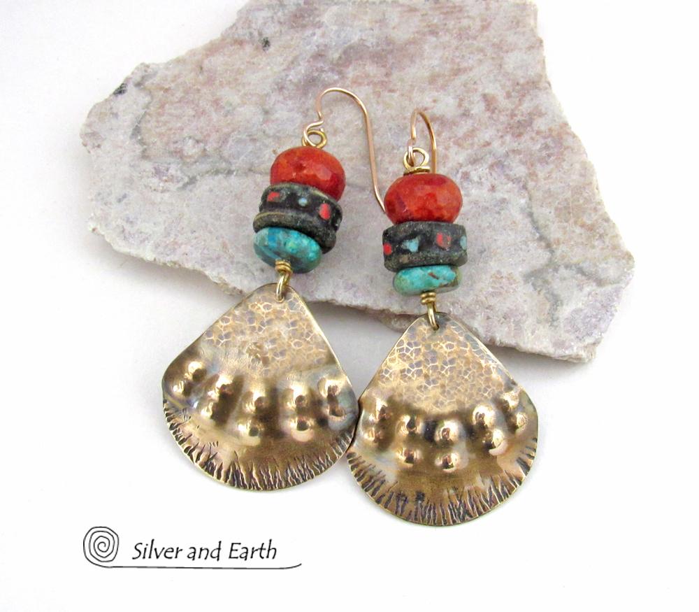 Brass Tribal Earrings with African Beads, Turquoise & Red Coral - Unique Handmade Boho Ethnic Style Jewelry