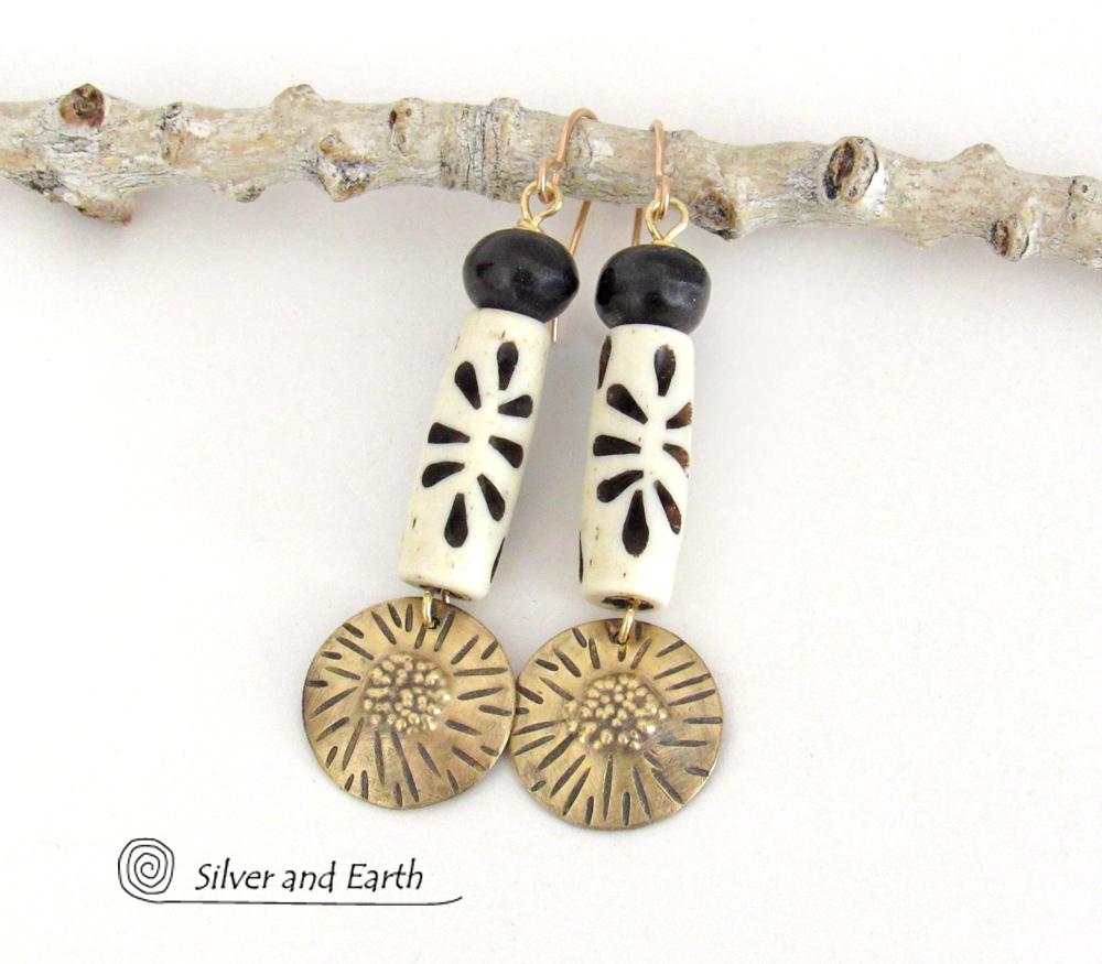 Textuerd Gold Brass Dangle Earrings with African Carved Bone Beads - Bold Unique Boho Tribal Jewelry