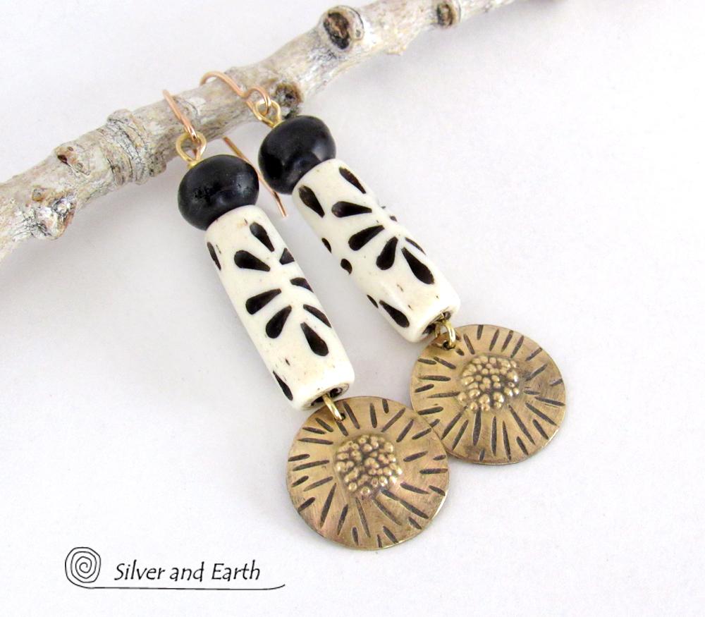 Textuerd Gold Brass Dangle Earrings with African Carved Bone Beads - Bold Unique Boho Tribal Jewelry