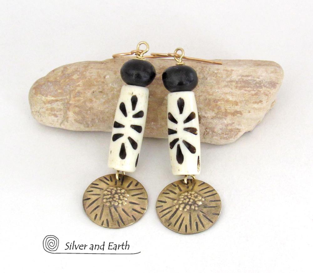 Textuerd Gold Brass Dangle Earrings with African Carved Bone Beads - Bold Unique Boho Tribal Jewelry