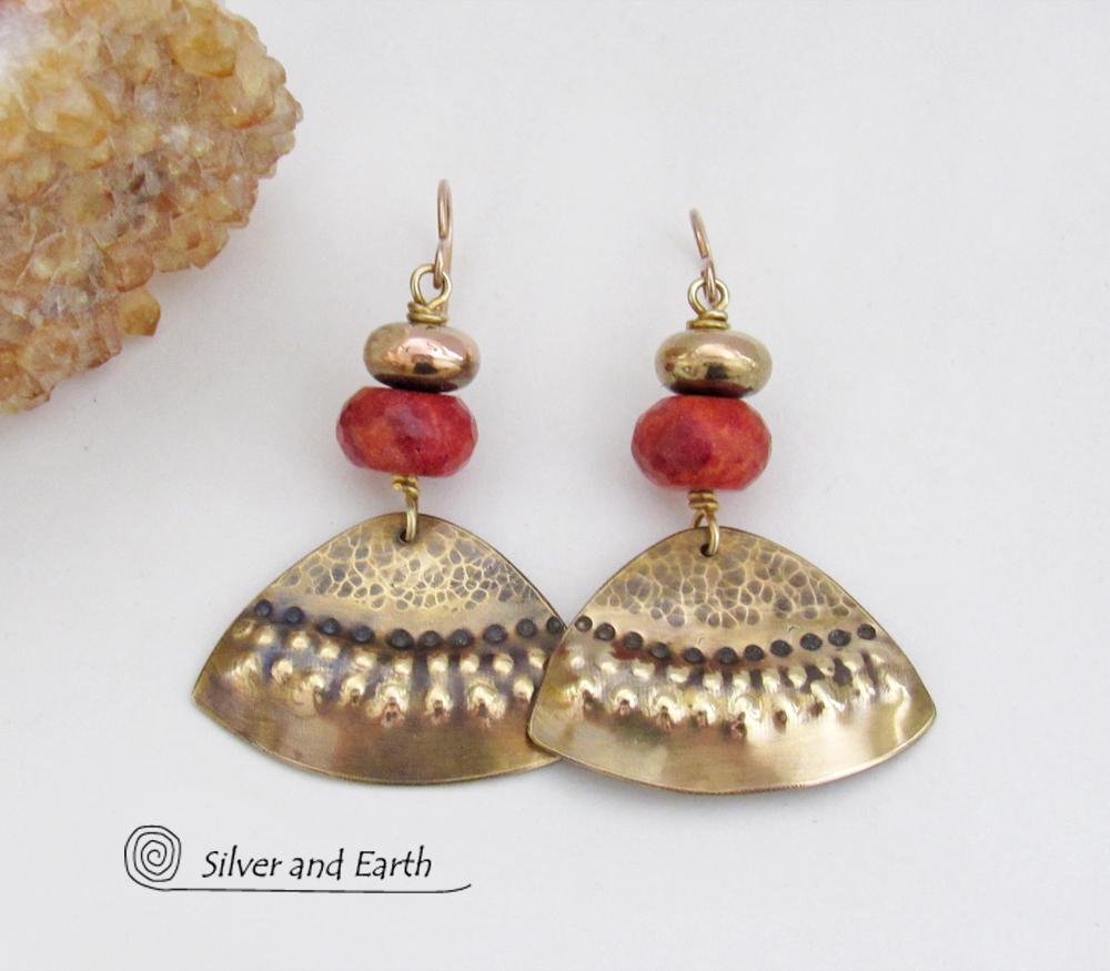 Textured Gold Brass Earrings with Red Coral - Unique Boho Tribal Jewelry