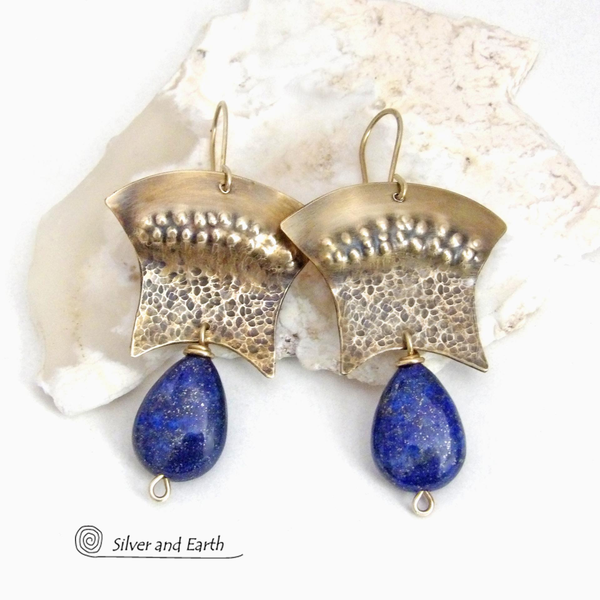 Gold Brass Egyptian Earrings with Lapis Lazuli Gemstones - Bold Exotic Statement Jewelry