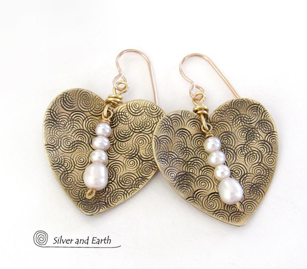 Gold Brass Heart Earrings with White Pearl Dangles - Anniversary Gifts for Women