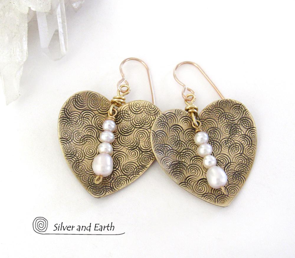 Gold Brass Heart Earrings with White Pearl Dangles - 21st Anniversary Gifts for Women