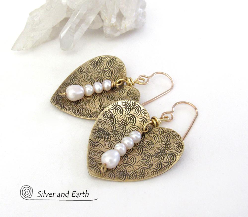 Gold Brass Heart Earrings with White Pearl Dangles - Anniversary Gifts for Women